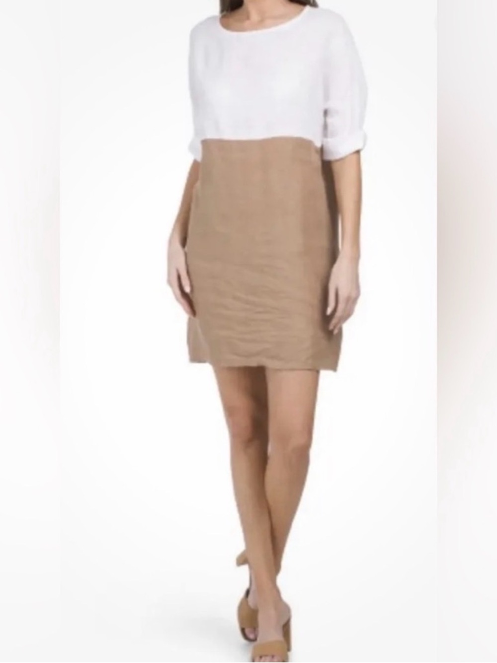 White and Tan Two-Tone Shift Dress